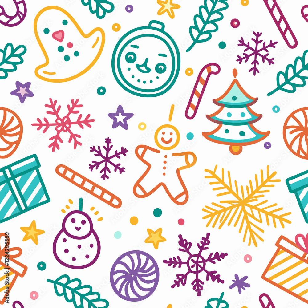 Naklejka premium Colorful Christmas seamless pattern with festive icons.