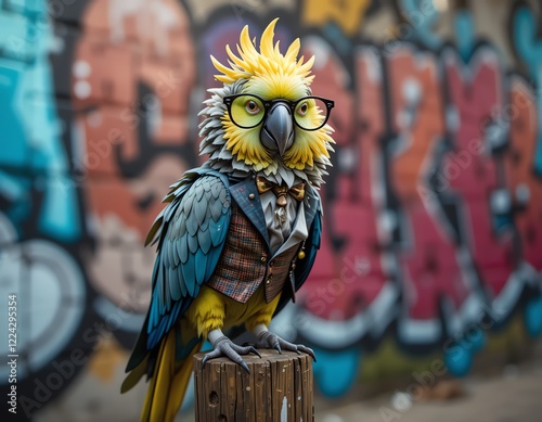 Stylish Parrot in Glasses Poses Against a Graffiti Wall photo