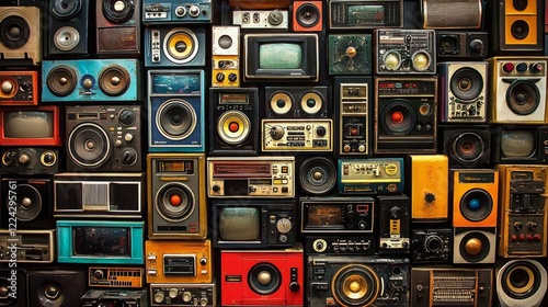 A nostalgic collection of 80s radio boomboxes on a vintage wall.