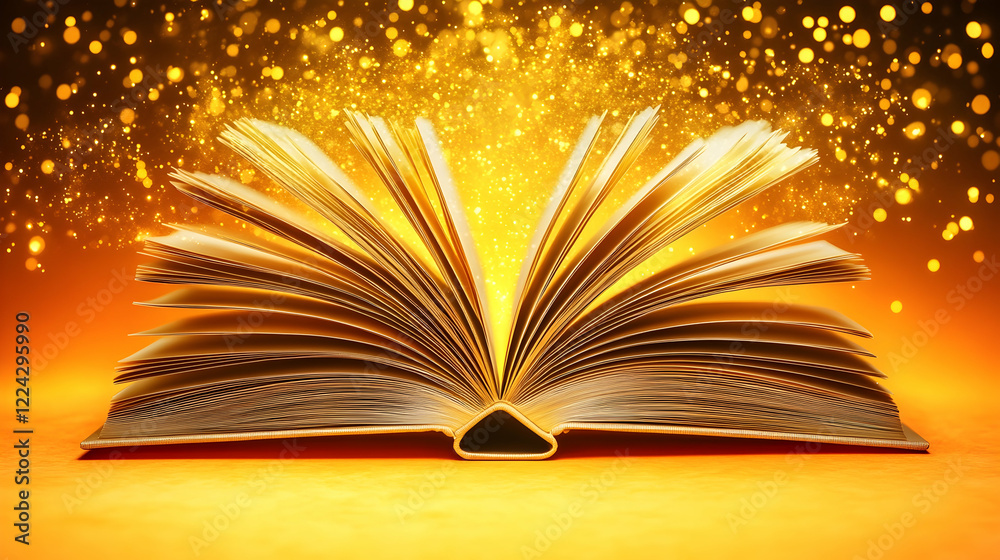 Magical Open Book with Glowing Sparkles and Soft Yellow Background Magical Open Book with Glowing Sparkles and Soft Yellow Background
