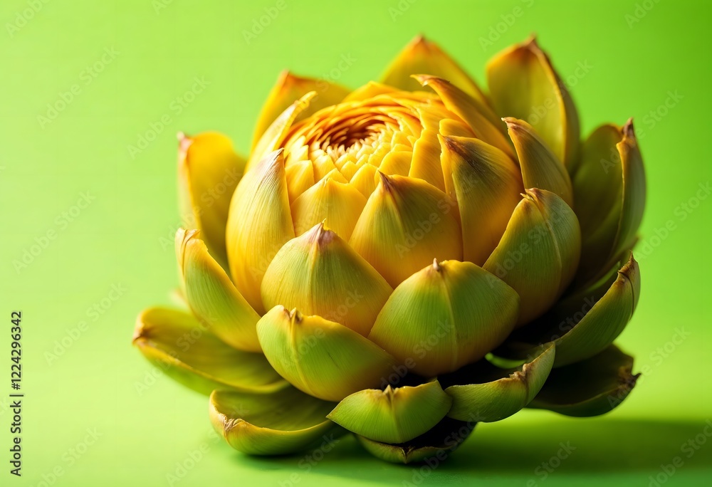 Close-up of a vibrant yellow artichoke against a bright green background. The intricate details of the artichoke's texture and color are highlighted, creating a visually appealing image perfect for c Close-up of a vibrant yellow artichoke against a bright green background. The intricate details of the artichoke's texture and color are highlighted, creating a visually appealing image perfect for c