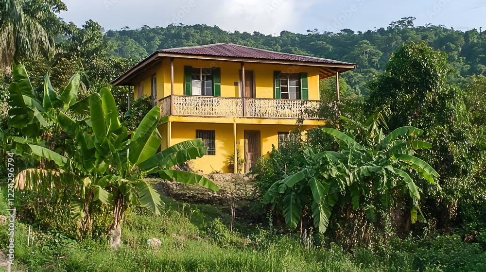 Colorful Tropical House Surrounded by Rich Greenery in Picturesque Locale : Generative AI Colorful Tropical House Surrounded by Rich Greenery in Picturesque Locale : Generative AI