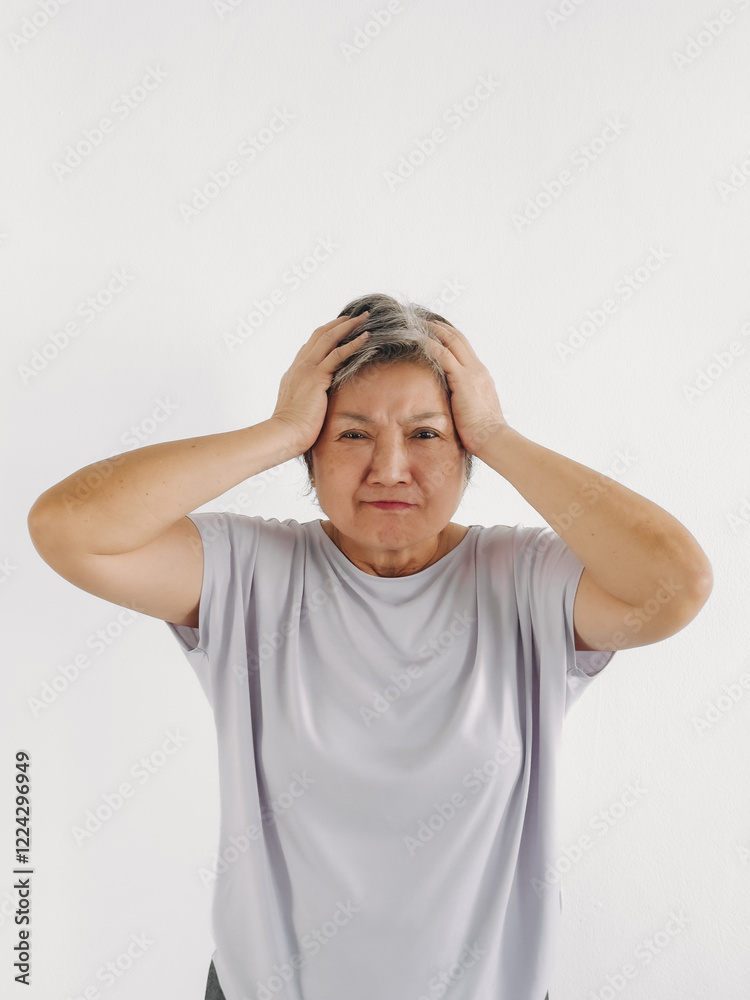Vertical photo of asian elder woman hand touching head, got headache symptom or get confusing, standing isolated over white background wall. Vertical photo of asian elder woman hand touching head, got headache symptom or get confusing, standing isolated over white background wall.
