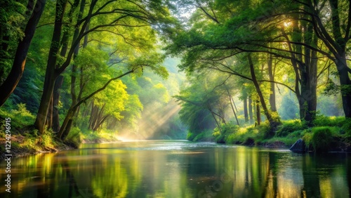 Serene river flowing gently through a lush forest with tall trees and vibrant greenery, surrounded by soft mist and warm sunlight filtering through the canopy , lush forest, serene river