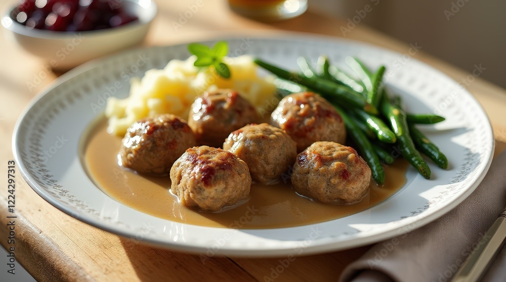 Traditional Swedish meatballs served with potatoes and green beans Traditional Swedish meatballs served with potatoes and green beans