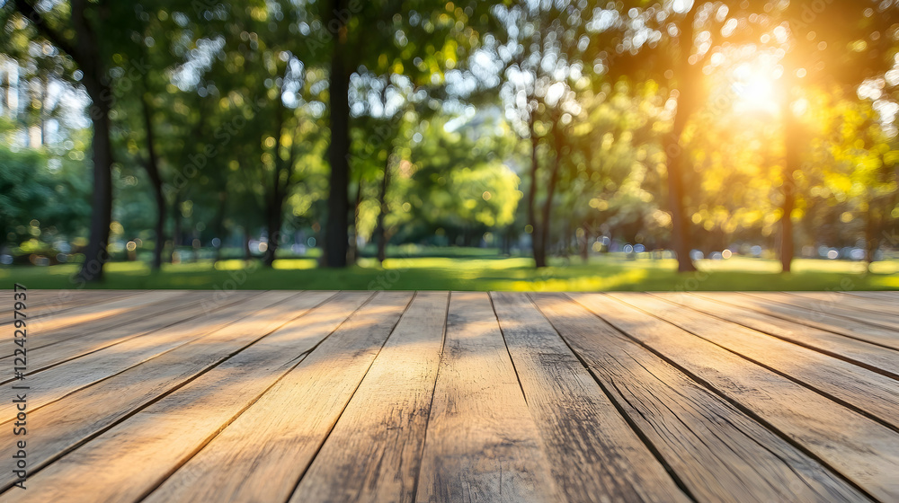 Sunlit Wooden Deck with Green Trees and Soft Sunny Background Sunlit Wooden Deck with Green Trees and Soft Sunny Background