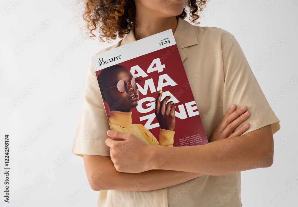 Mockup Of Woman Holding Customized A4 Magazine Stock Template | Adobe Stock