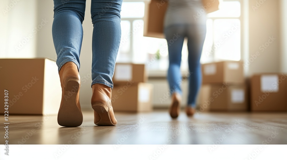 Two women are walking through their new home carrying cardboard boxes on moving day Two women are walking through their new home carrying cardboard boxes on moving day
