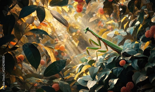A vibrant green praying mantis camouflaged amidst lush foliage, bathed in golden sunlight; a captivating nature scene.