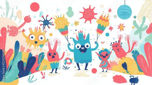 A vibrant illustration of joyful creatures celebrating with colorful decorations and playful elements in a whimsical environment.