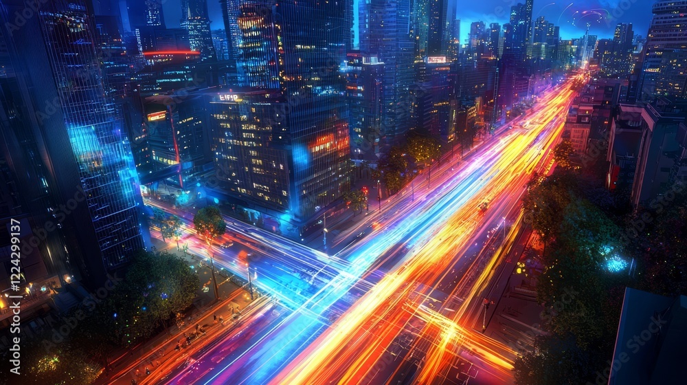 Obraz premium Nighttime cityscapes sparkle with dynamic light patterns.