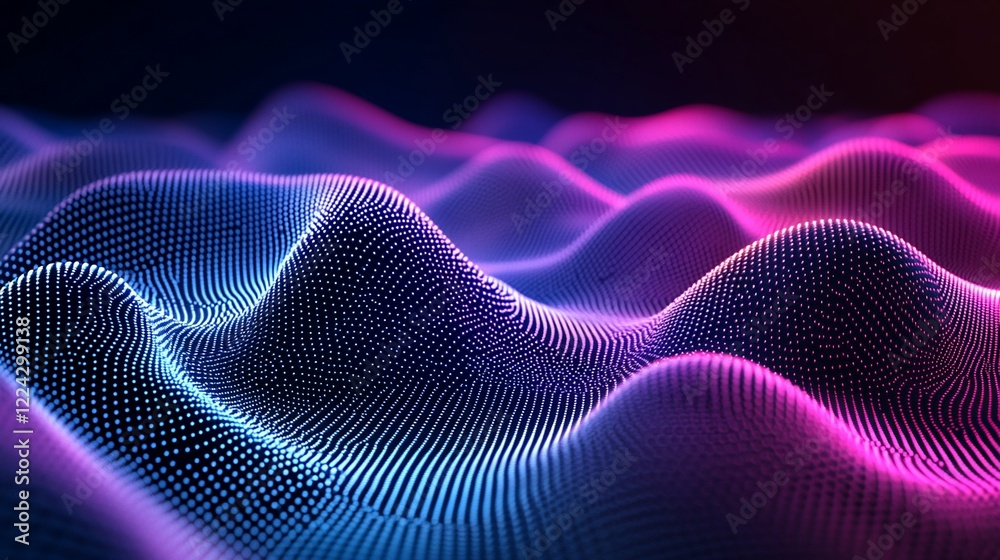 Abstract digital wave landscape; glowing pink and blue particles undulating, dark background; perfect for technology or science visuals Abstract digital wave landscape; glowing pink and blue particles undulating, dark background; perfect for technology or science visuals