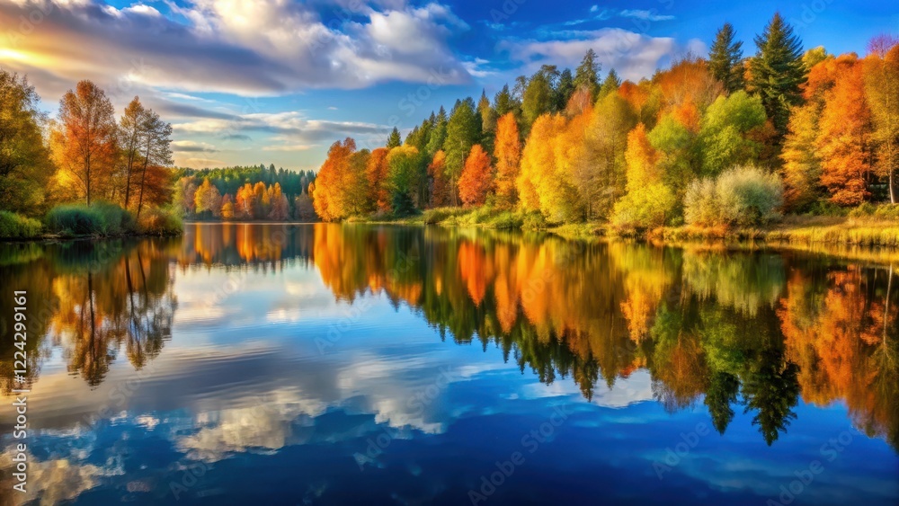 Serene lake waters reflect a tranquil autumn sky with vibrant golden hues surrounding lush greenery and tall trees in the background , water reflection, tranquil environment Serene lake waters reflect a tranquil autumn sky with vibrant golden hues surrounding lush greenery and tall trees in the background , water reflection, tranquil environment
