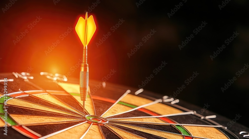 Fototapeta premium A close-up shot of a dartboard with a dart in the bullseye, highlighted by dramatic lighting, symbolizing precision and focus in leisure activities.