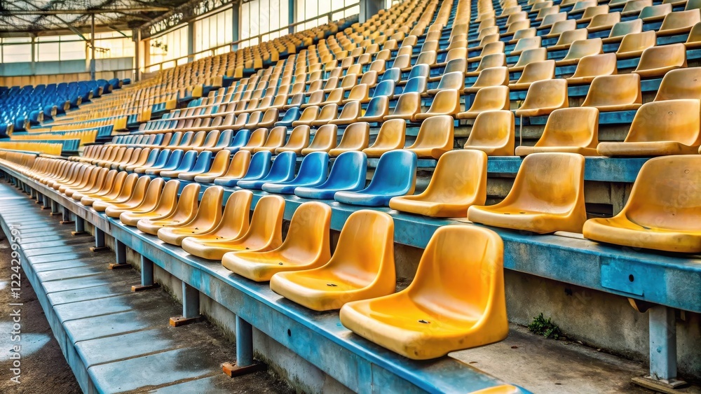 Fototapeta premium A large section of empty plastic stadium seats lie on the ground with no audience in sight, solitude, emptiness