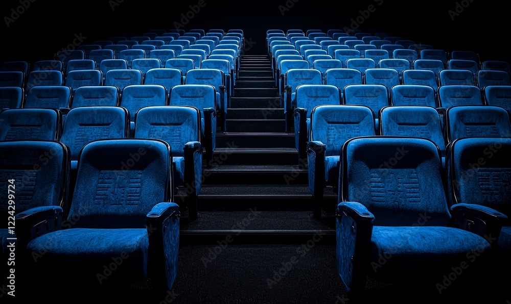 Empty blue cinema seats in dark theater, ready for a movie screening Empty blue cinema seats in dark theater, ready for a movie screening