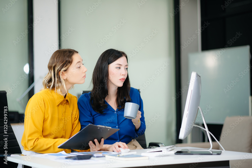 Business colleague business presents and explains and using laptop and tablet. Teamwork, financial Business colleague business presents and explains and using laptop and tablet. Teamwork, financial