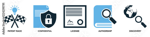 Collection of intellect property icons in vector format showcasing symbols like brain, light bulb, gears and patents. Ideal for education, innovation and intellectual themes.