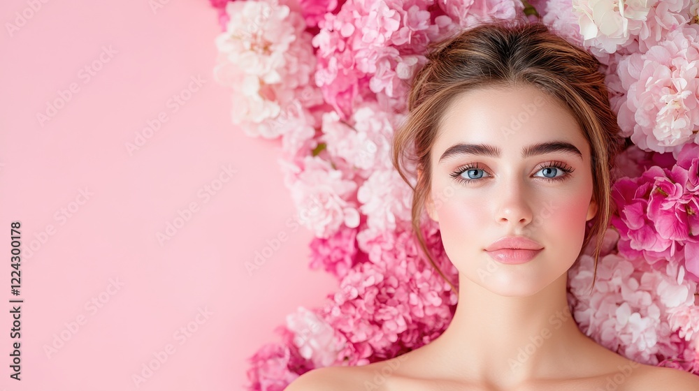 Elegant Portrait of a Woman with Glossy Lips Surrounded by Flowers Elegant Portrait of a Woman with Glossy Lips Surrounded by Flowers