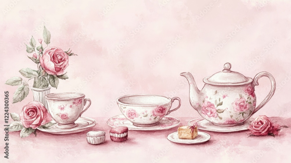 Watercolor illustration of British afternoon tea,tea break in the English style,tea set with Afternoon tea stand with macaroons and scone,cake,cup of tea,Tea time dessert table,vintage style. Watercolor illustration of British afternoon tea,tea break in the English style,tea set with Afternoon tea stand with macaroons and scone,cake,cup of tea,Tea time dessert table,vintage style.