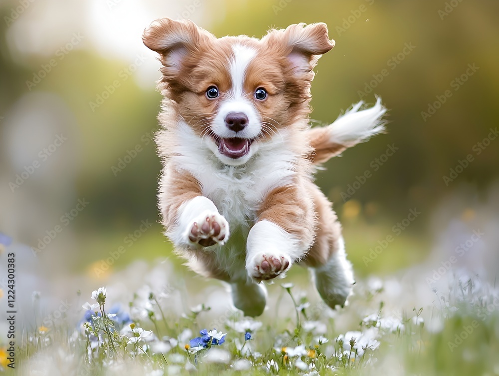 Photo of an Adorable Puppy Jumping with Joy Photo of an Adorable Puppy Jumping with Joy