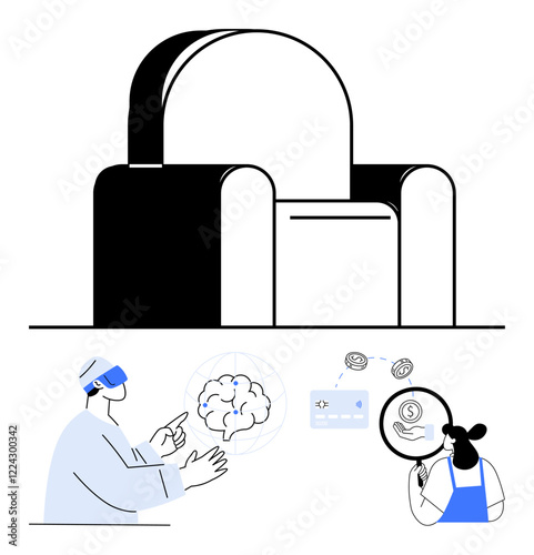 Doctor using VR headset examining brain diagram, woman analyzing financial assistance and health data, large hospital building in background. Ideal for healthcare, VR applications, brain research