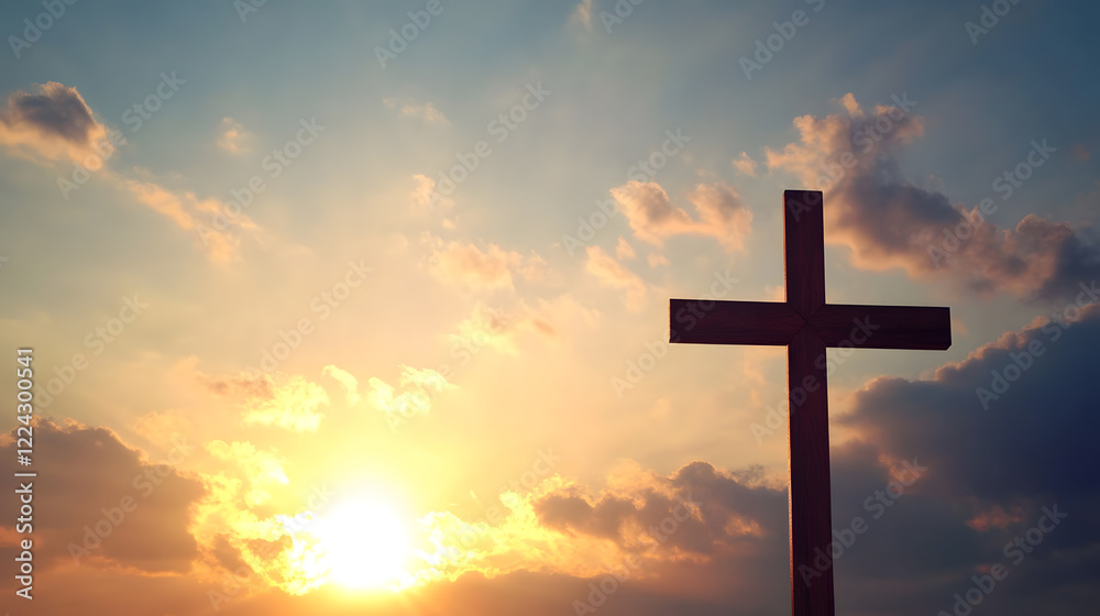 Single Cross Silhouette Against a Gentle Sunrise with Soft Clouds : Generative AI