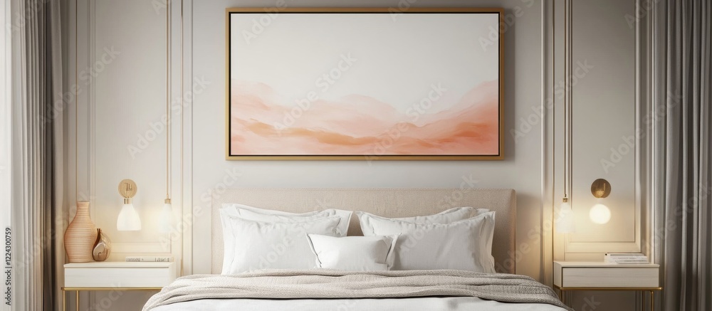 A peaceful minimalist bedroom featuring a simple blank framed artwork above the bed and clean design A peaceful minimalist bedroom featuring a simple blank framed artwork above the bed and clean design