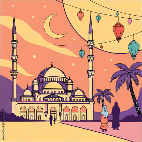 Create a vibrant Ramadan scene featuring a crescent moon, lanterns, and a mosque at sunset