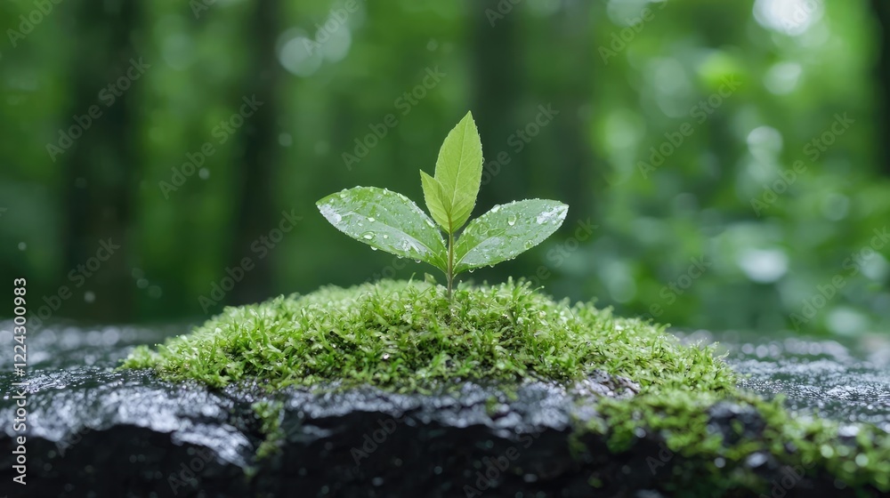 Sapling sprouting, rain, forest, mossy rock, nature Sapling sprouting, rain, forest, mossy rock, nature