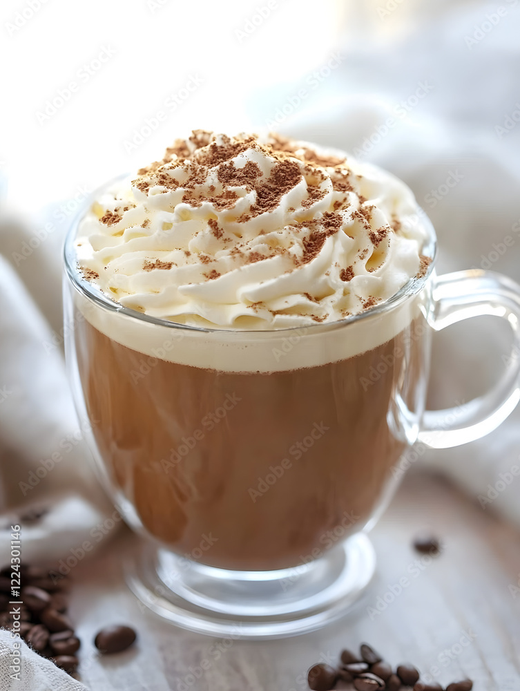 Glass Mug of Frothy Cappuccino with Whipped Cream and Espresso Flavor : Generative AI Glass Mug of Frothy Cappuccino with Whipped Cream and Espresso Flavor : Generative AI