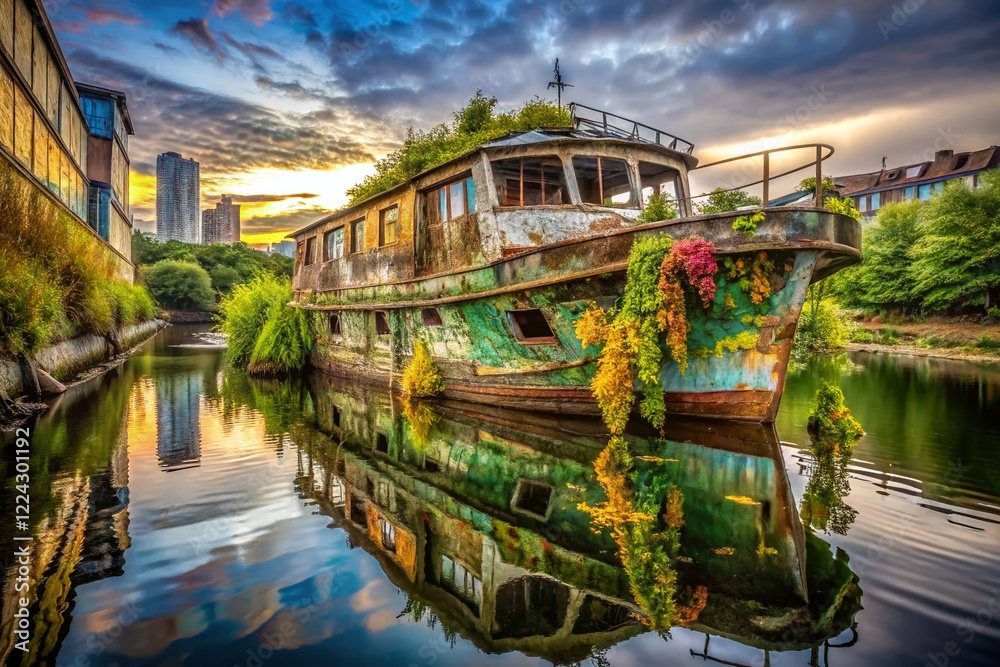 Obraz premium Abandoned Brunch Yacht: Urban Exploration Photography - Sunken Luxury