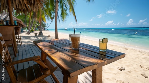 Two refreshing drinks on a wooden table by a sandy beach, with palm trees swaying in the gentle breeze under a clear blue sky. photo