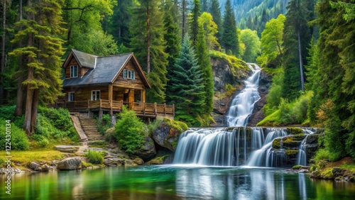 Tranquil forest surroundings surrounding a secluded fishing lodge with a serene waterfall cascading down its slopes , natural scenery, serene landscape