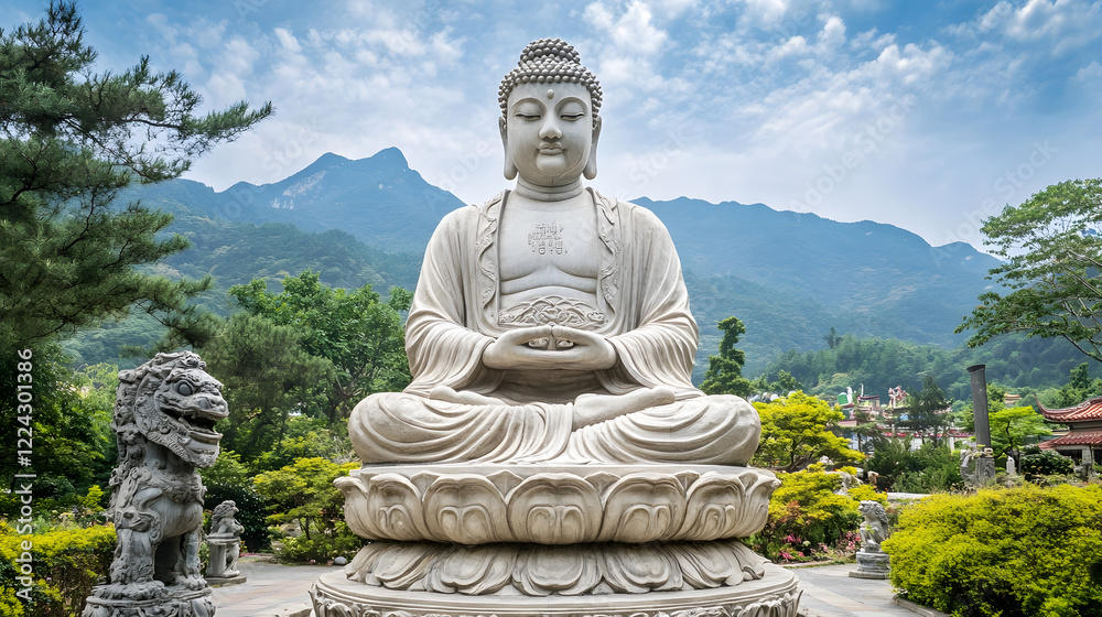 Majestic Buddha Statue in Lush Garden with Mountain Background : Generative AI Majestic Buddha Statue in Lush Garden with Mountain Background : Generative AI