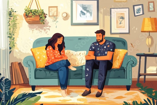 Real Apology at Home: Indian Woman Calming Offended Man, Offering Support on Sofa.