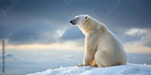 A polar bear sits on a snowy hill with its back to the viewer