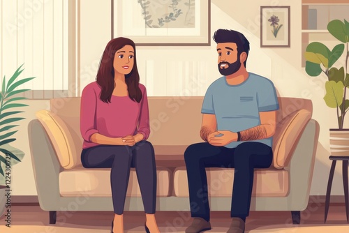 Real Apology at Home: Indian Woman Calming Offended Man, Offering Support on Sofa.