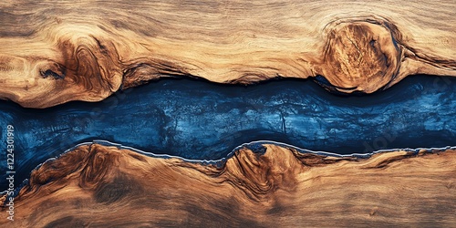 Marble wooden table with epoxy resin blue, Top view of wood. 