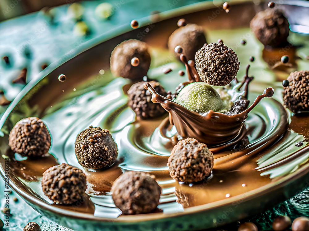 Delicious dynamic splash of chocolate with floating truffles. Tasty Food background Delicious dynamic splash of chocolate with floating truffles. Tasty Food background