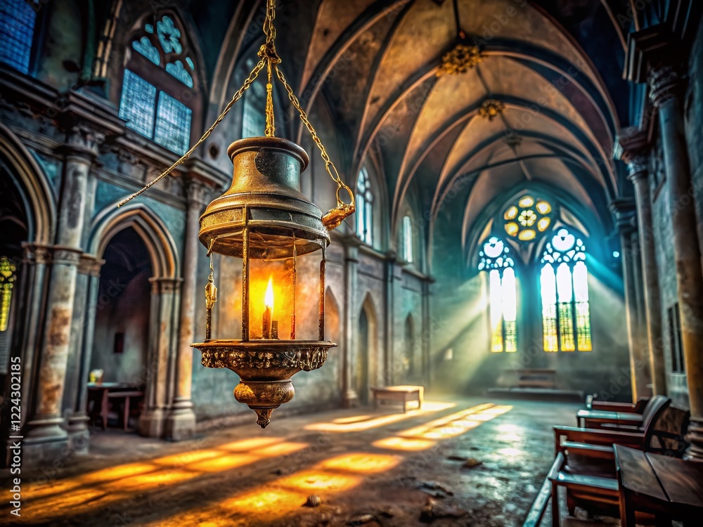 Fototapeta premium Abandoned Church Sanctuary Lamp, Urban Exploration Photography, Religious Artifact, Decaying Beauty, Gothic Architecture