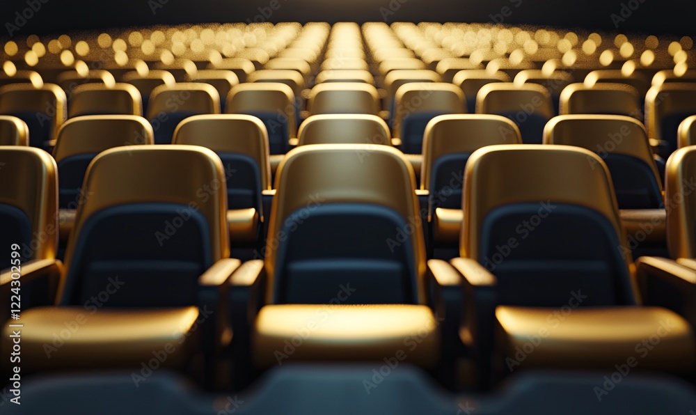 Fototapeta premium Empty gold and black cinema or theater seats rows, spotlight, dark background