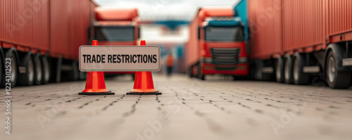 Conceptual image of trade restrictions with a warning sign in front of shipping containers and trucks, symbolizing barriers in logistics.