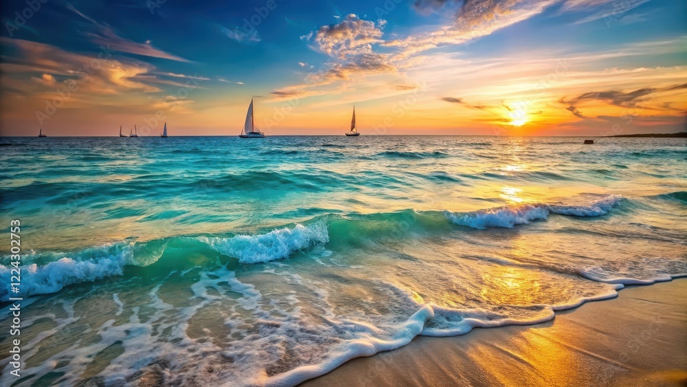 Gentle ocean waves caress the shore at sunset, creating a beautiful wavy surface of clean and turquoise sea water with a few sailboats in the distance, nature, horizon Gentle ocean waves caress the shore at sunset, creating a beautiful wavy surface of clean and turquoise sea water with a few sailboats in the distance, nature, horizon