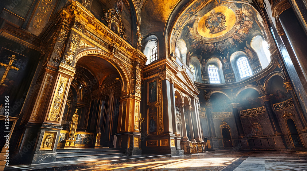 Fototapeta premium Opulent Baroque Church Interior with Lavish Decoration and Bright Sunlight : Generative AI