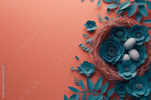 Aesthetic nest with eggs and colorful paper flowers on pastel pink background   intricate design photo