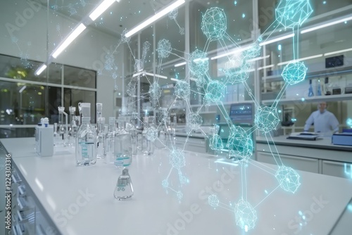 Lab environment enhanced with holographic AI for simulating molecular activities.