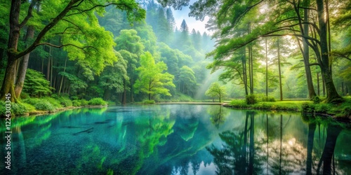 Serene misty forest glade with a crystal-clear pool reflecting the vibrant verdant canopy above, surrounded by towering trees and lush greenery , reflection, misty