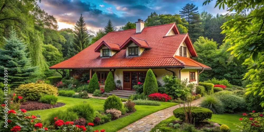 House with Red Roof in Lush Garden, nature, natural surroundings , nature, natural surroundings , peaceful, ornamental House with Red Roof in Lush Garden, nature, natural surroundings , nature, natural surroundings , peaceful, ornamental
