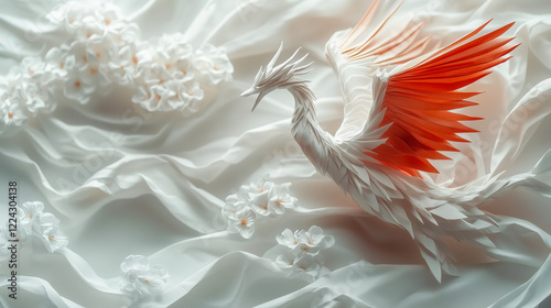Origami phoenix with red wings on flowing white fabric